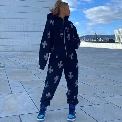 Zip Up Sweatsuits with Cross Print - Image 4