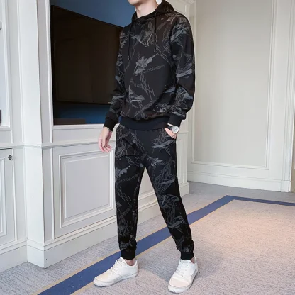 Printed Black Sweatsuit with Drawstring Hood - Image 3