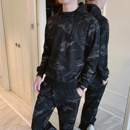 Printed Black Sweatsuit with Drawstring Hood - Image 5