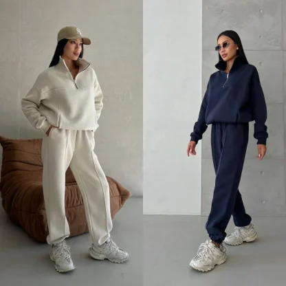 Quarter Zip Sweatsuit with Solid Color Design - Image 2