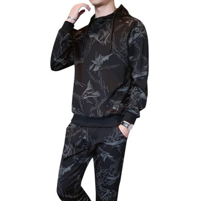 Printed Black Sweatsuit with Drawstring Hood