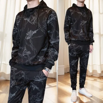 Printed Black Sweatsuit with Drawstring Hood - Image 2