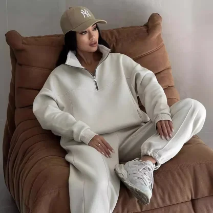 Quarter Zip Sweatsuit with Solid Color Design - Image 3