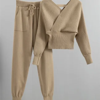 V-neck Knitted Cropped Sweatsuits for Women