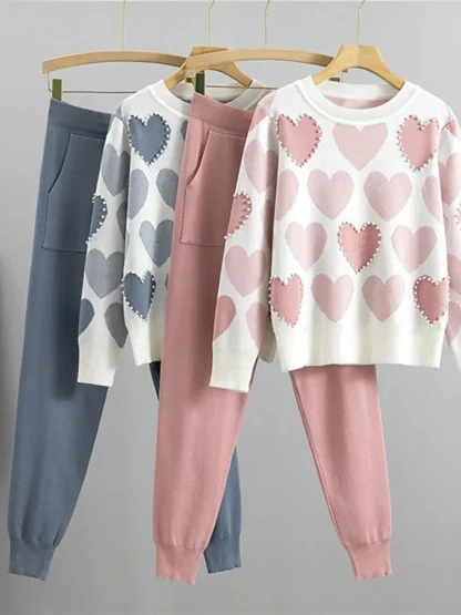 Cute Beaded Sweatsuits with Heart Pattern - Image 2